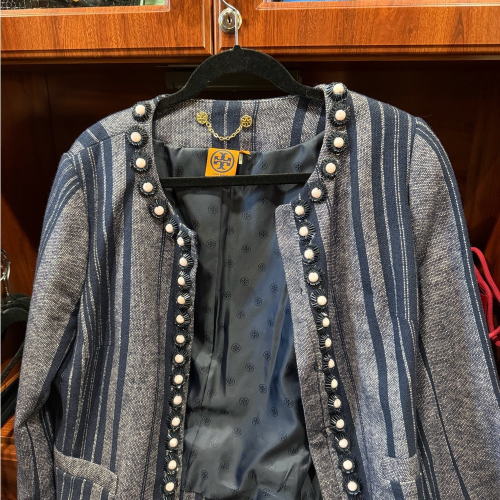 Tory Burch Blue Striped Blazer with Pearl Accents
